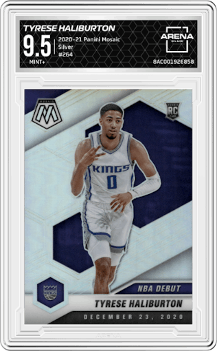 Tyrese Haliburton from the 2020-21 Panini Mosaic set featuring a Silver parallel graded by Arena Club and given an overall grade of 9.5.