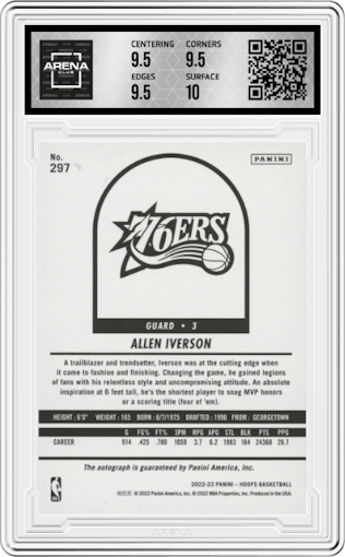 Allen Iverson from the 2022-23 Panini NBA Hoops set graded by Arena Club and given an overall grade of 10.