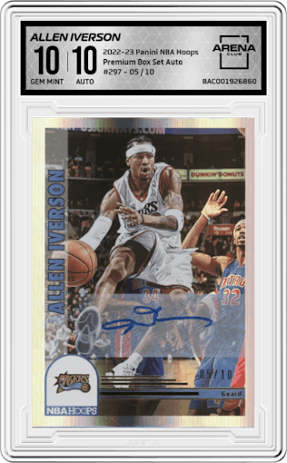 Allen Iverson from the 2022-23 Panini NBA Hoops set graded by Arena Club and given an overall grade of 10.