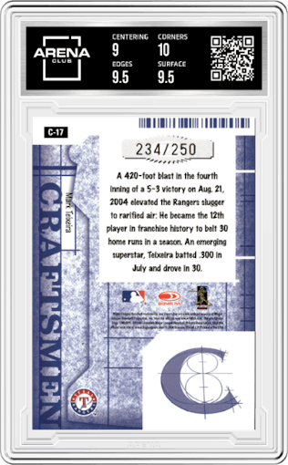 Mark Teixeira  from the 2005 Donruss set graded by Arena Club and given an overall grade of 9.5.
