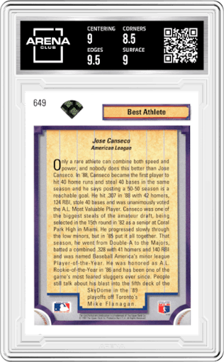 Jose Canseco from the 1992 Upper Deck set graded by Arena Club and given an overall grade of 9.