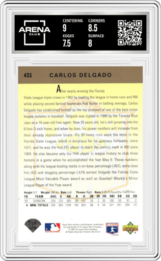 Carlos Delgado from the 1993 Upper Deck set graded by Arena Club and given an overall grade of 8.