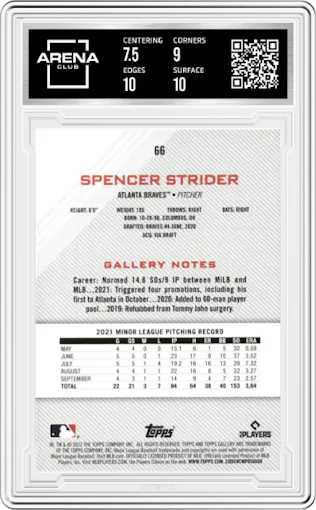 Spencer Strider from the 2022 Topps Gallery set featuring a Rainbow Foil parallel graded by Arena Club and given an overall grade of 8.