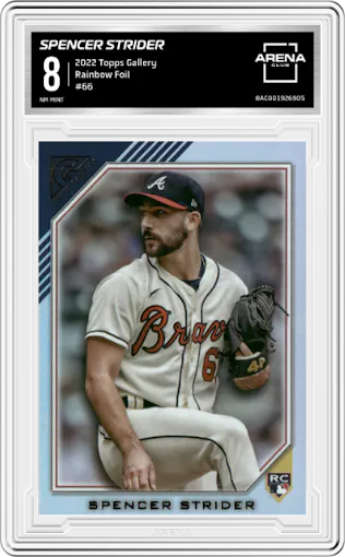 Spencer Strider from the 2022 Topps Gallery set featuring a Rainbow Foil parallel graded by Arena Club and given an overall grade of 8.