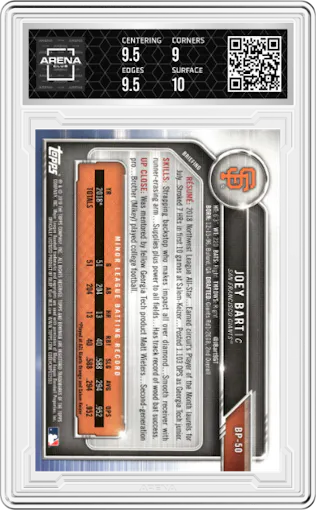 Joey Bart from the 2019 Bowman  set graded by Arena Club and given an overall grade of 9.5.