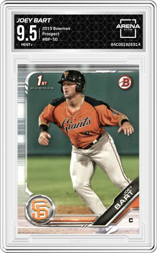 Joey Bart from the 2019 Bowman  set graded by Arena Club and given an overall grade of 9.5.