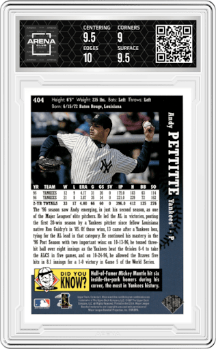 Andy Pettitte from the 1997 UD Collector's Choice set graded by Arena Club and given an overall grade of 9.5.