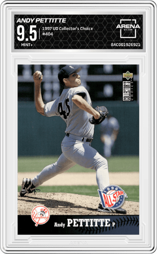 Andy Pettitte from the 1997 UD Collector's Choice set graded by Arena Club and given an overall grade of 9.5.