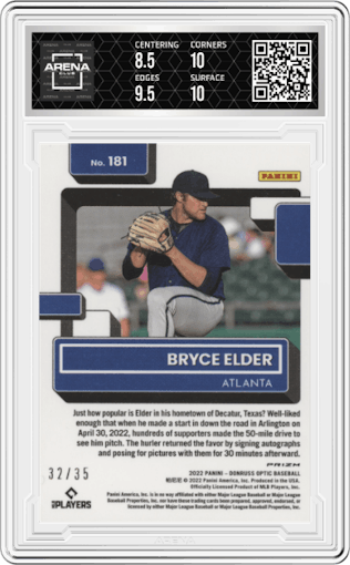 Bryce Elder from the 2022 Donruss Optic set featuring a Teal Velocity parallel graded by Arena Club and given an overall grade of 9.