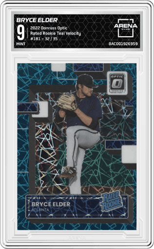 Bryce Elder from the 2022 Donruss Optic set featuring a Teal Velocity parallel graded by Arena Club and given an overall grade of 9.