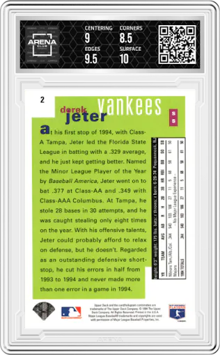 Derek Jeter from the 1995 Upper Deck Collector's Choice set featuring a Special Edition parallel graded by Arena Club and given an overall grade of 9.
