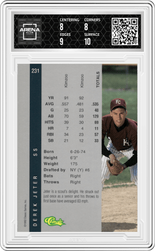 Derek Jeter from the 1992 Classic   set graded by Arena Club and given an overall grade of 8.5.