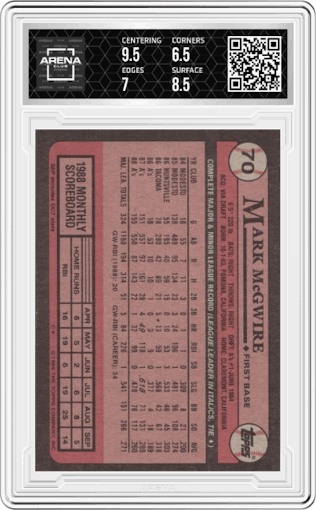 Mark McGwire from the 1989 Topps set graded by Arena Club and given an overall grade of 7.