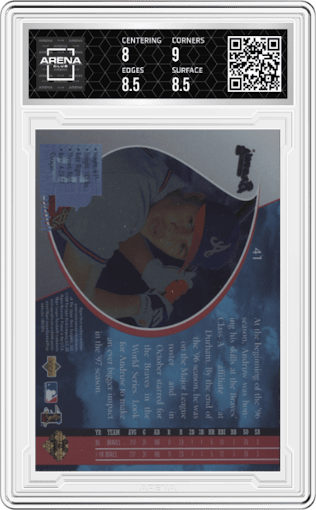 Andruw Jones from the 1997 Upper Deck UD3 set graded by Arena Club and given an overall grade of 8.5.