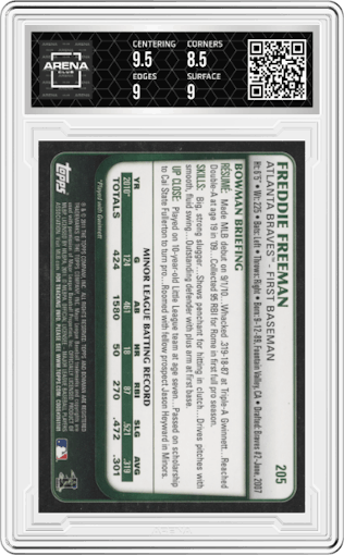 Freddie Freeman from the 2011 Bowman set graded by Arena Club and given an overall grade of 9.