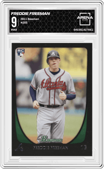 Freddie Freeman from the 2011 Bowman set graded by Arena Club and given an overall grade of 9.