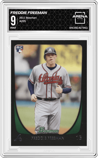Freddie Freeman from the 2011 Bowman set graded by Arena Club and given an overall grade of 9.