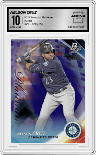 Nelson Cruz from the 2017 Bowman Platinum set featuring a Purple parallel graded by Arena Club and given an overall grade of 10.