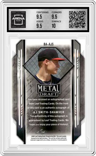 AJ Smith-Shawver from the 2021 Leaf Metal Draft set graded by Arena Club and given an overall grade of 10.
