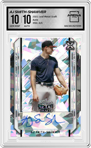 AJ Smith-Shawver from the 2021 Leaf Metal Draft set graded by Arena Club and given an overall grade of 10.