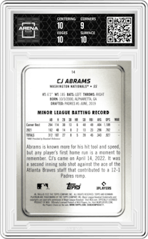 CJ Abrams from the 2022 Bowman Platinum set graded by Arena Club and given an overall grade of 9.5.