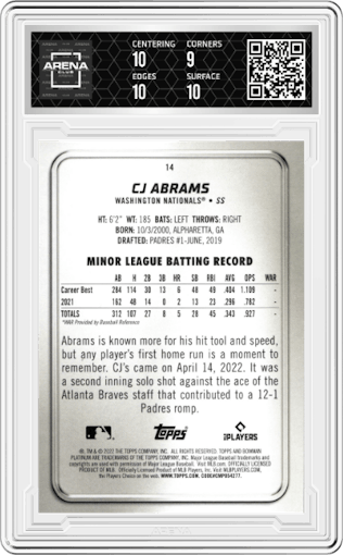 CJ Abrams from the 2022 Bowman Platinum set graded by Arena Club and given an overall grade of 9.5.