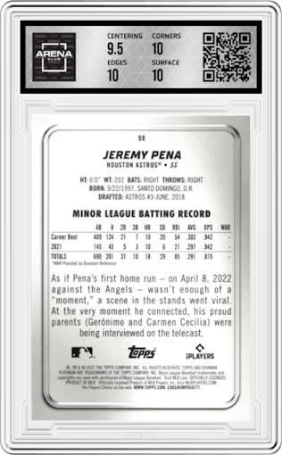 Jeremy Pena from the 2022 Bowman Platinum set graded by Arena Club and given an overall grade of 10.