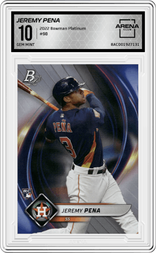 Jeremy Pena from the 2022 Bowman Platinum set graded by Arena Club and given an overall grade of 10.