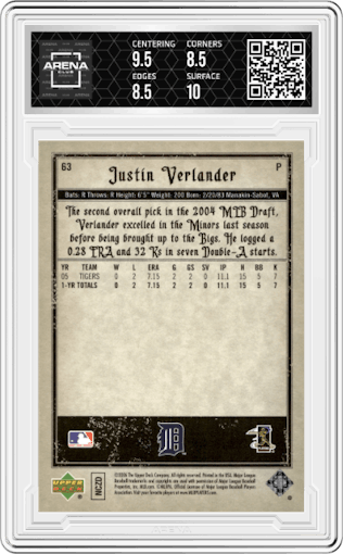 Justin Verlander from the 2006 Upper Deck Artifacts set graded by Arena Club and given an overall grade of 9.