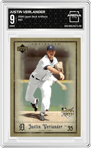 Justin Verlander from the 2006 Upper Deck Artifacts set graded by Arena Club and given an overall grade of 9.
