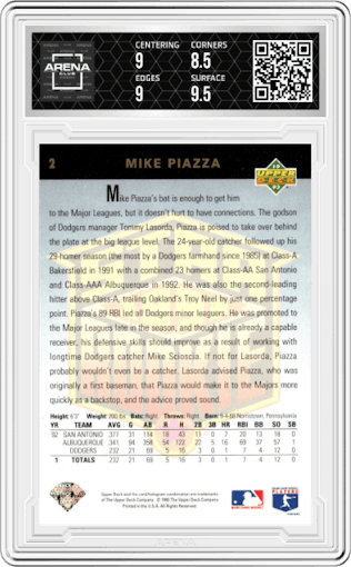 Mike Piazza from the 1993 Upper Deck set graded by Arena Club and given an overall grade of 9.