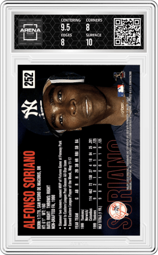 Alfonso Soriano from the 2000 SkyBox Dominion set graded by Arena Club and given an overall grade of 8.5.
