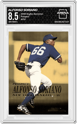 Alfonso Soriano from the 2000 SkyBox Dominion set graded by Arena Club and given an overall grade of 8.5.