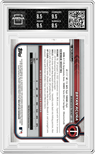 Bryan Acuña from the 2022 Bowman Chrome Mega Box set graded by Arena Club and given an overall grade of 9.