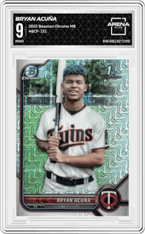 Bryan Acuña from the 2022 Bowman Chrome Mega Box set graded by Arena Club and given an overall grade of 9.
