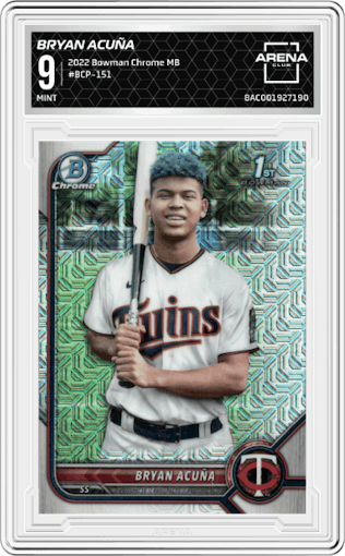 Bryan Acuña from the 2022 Bowman Chrome Mega Box set graded by Arena Club and given an overall grade of 9.
