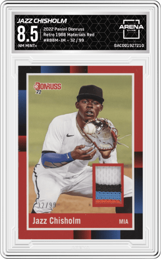 Jazz Chisholm from the 2022 Panini Donruss set featuring a Red parallel graded by Arena Club and given an overall grade of 8.5.
