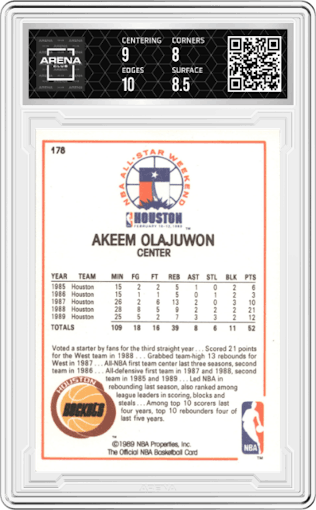 Akeem Olajuwon from the 1989-90 NBA Hoops  set graded by Arena Club and given an overall grade of 8.5.