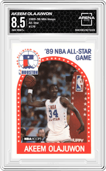 Akeem Olajuwon from the 1989-90 NBA Hoops  set graded by Arena Club and given an overall grade of 8.5.