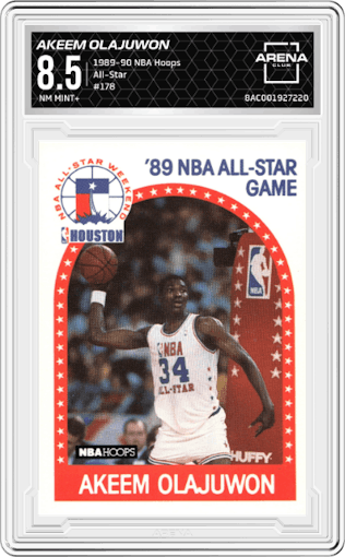 Akeem Olajuwon from the 1989-90 NBA Hoops  set graded by Arena Club and given an overall grade of 8.5.