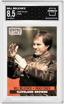 Bill Belichick from the 1991 Pro Set set graded by Arena Club and given an overall grade of 8.5.