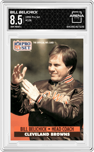 Bill Belichick from the 1991 Pro Set set graded by Arena Club and given an overall grade of 8.5.