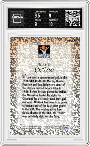 Mark Price from the 1994-95 SkyBox NBA Hoops set graded by Arena Club and given an overall grade of 9.5.
