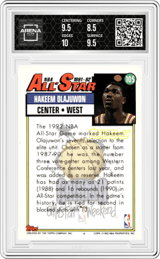 Hakeem Olajuwon from the 1992-93 Topps  set featuring a Gold parallel graded by Arena Club and given an overall grade of 9.