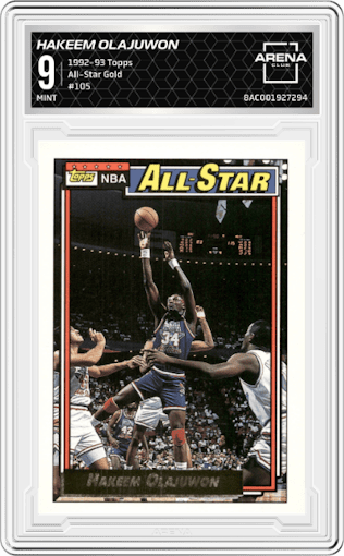 Hakeem Olajuwon from the 1992-93 Topps  set featuring a Gold parallel graded by Arena Club and given an overall grade of 9.