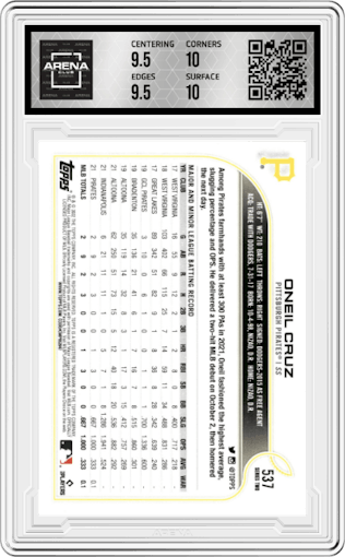 Oneil Cruz from the 2022 Topps set graded by Arena Club and given an overall grade of 10.