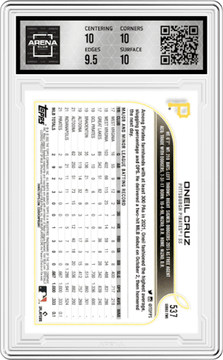 Oneil Cruz from the 2022 Topps set graded by Arena Club and given an overall grade of 10.