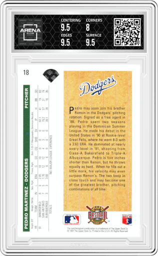 Pedro Martinez from the 1992 Upper Deck set graded by Arena Club and given an overall grade of 8.5.