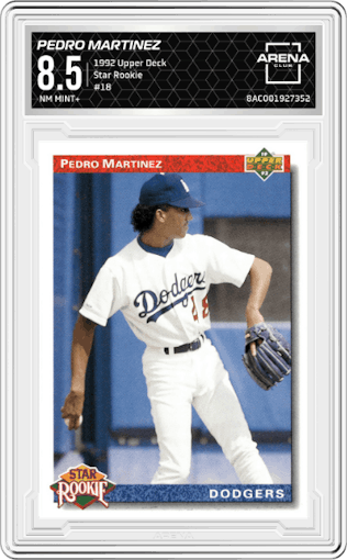 Pedro Martinez from the 1992 Upper Deck set graded by Arena Club and given an overall grade of 8.5.