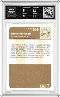 Rickey Henderson from the 1983 Fleer  set graded by Arena Club and given an overall grade of 9.